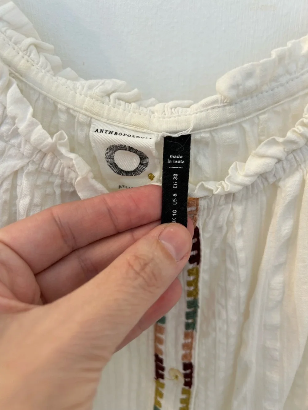 Anthropologie White Embroidered Peasant Blouse